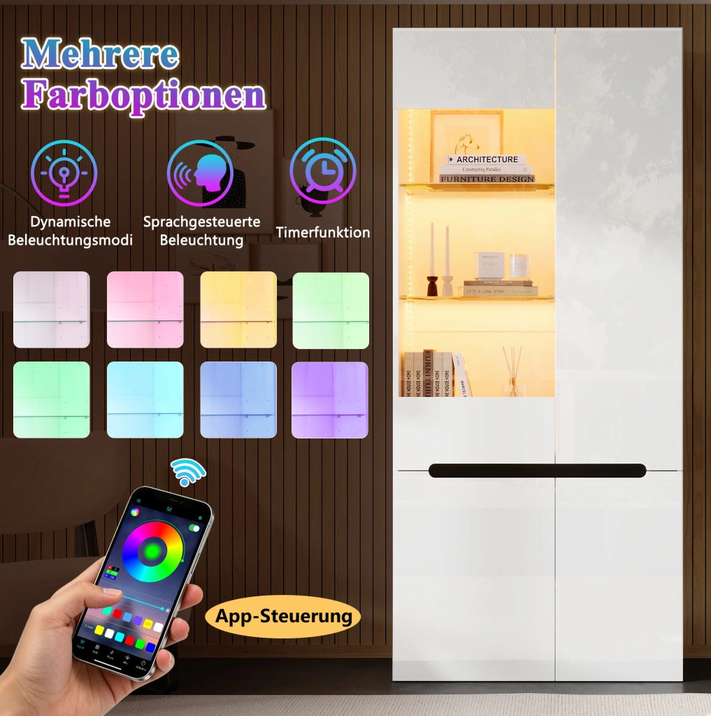 Vetrina bianca con LED, 4 ante in MDF e vetro temperato, 80×35×180 cm per soggiorno e sala da pranzo