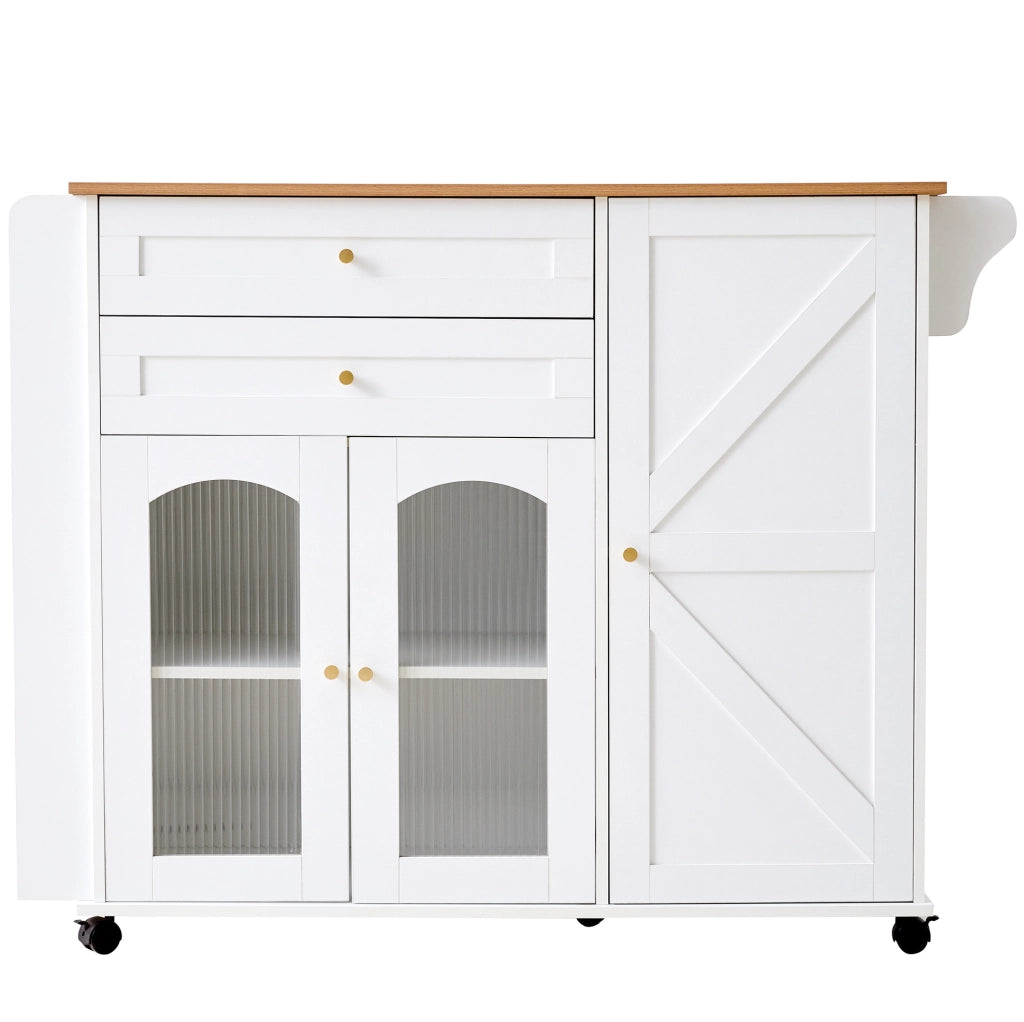Isola cucina mobile 110 cm con piano di lavoro ribaltabile, carrello su ruote con 2 cassetti, ante in vetro, scaffale laterale e ampio spazio di stivaggio, bianco e naturale