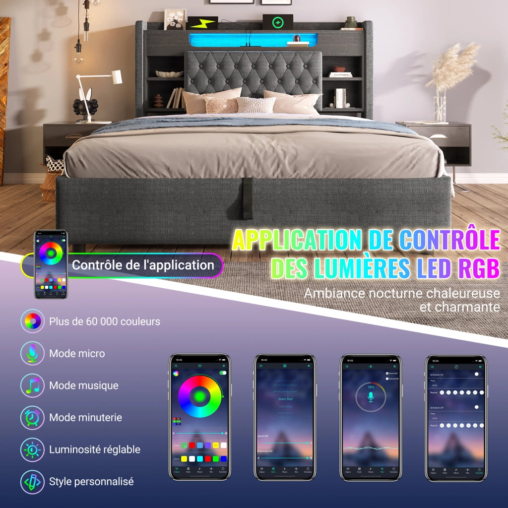 Letto contenitore 90 × 200 cm con LED; porte USB e USB-C; testiera imbottita con ripiani; lino grigio