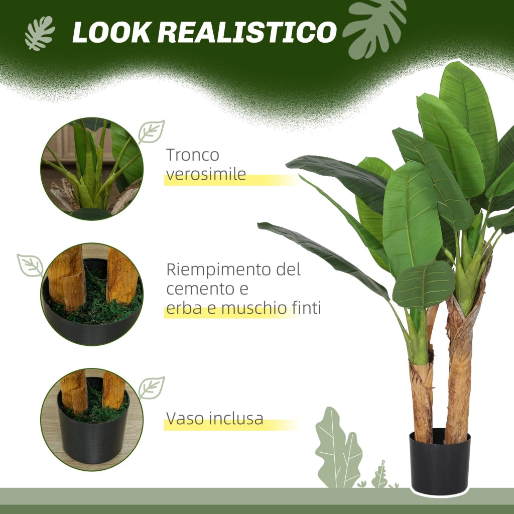 Pianta Artificiale di Banano 120 H cm per Interni con Vaso Nero