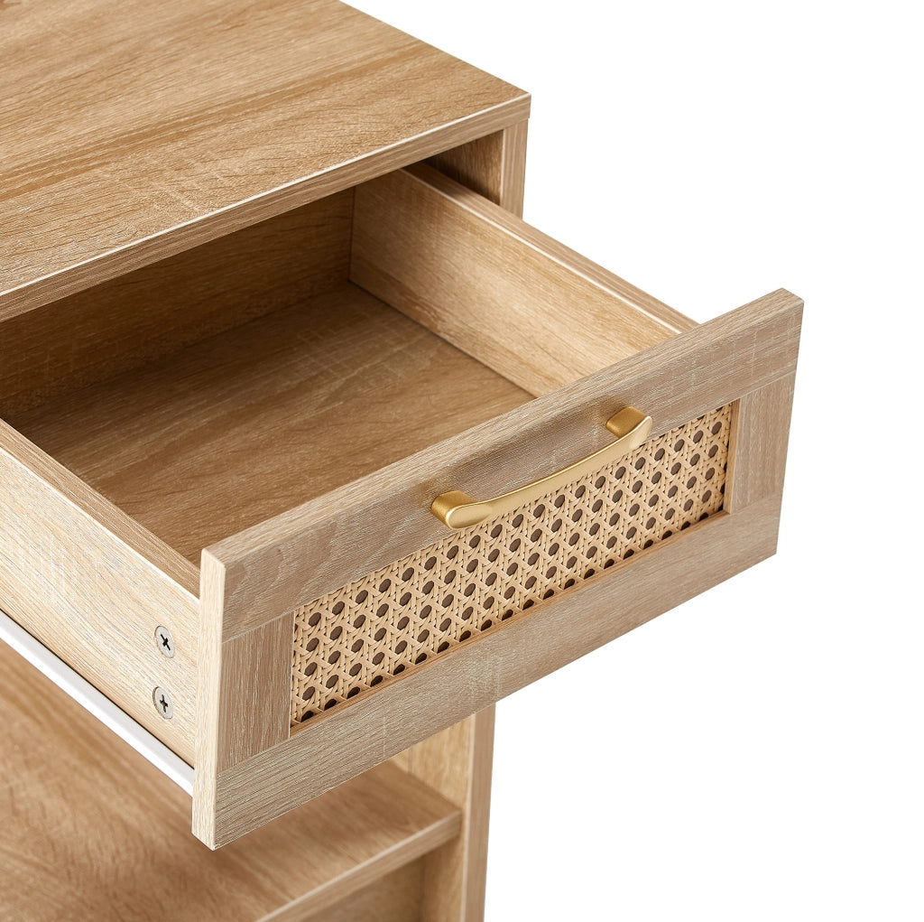Comodino in rattan con cassetto, tavolino moderno per camera e soggiorno, effetto legno naturale H55xL40xP40 cm