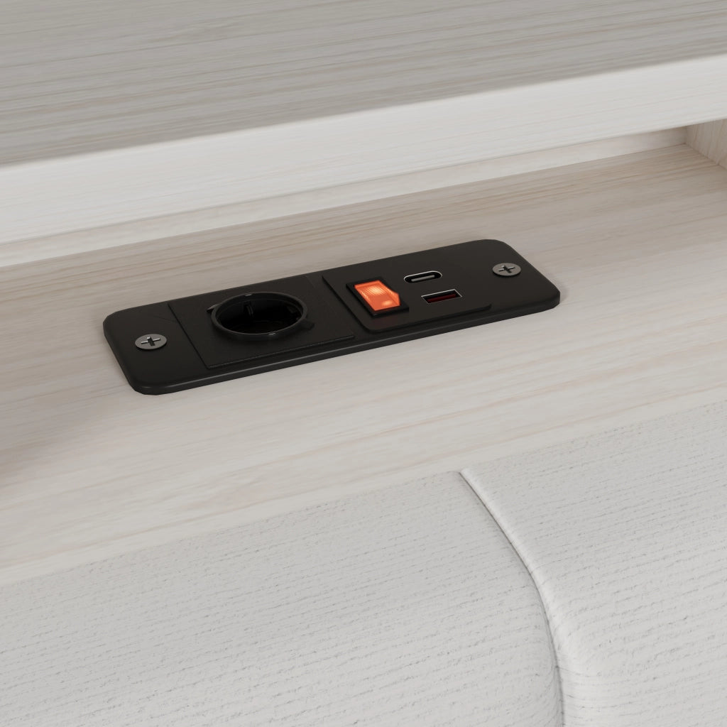 Divano letto 90 × 190 cm con due cassetti; porte USB e Type-C; panca contenitore e LED; velluto bianco