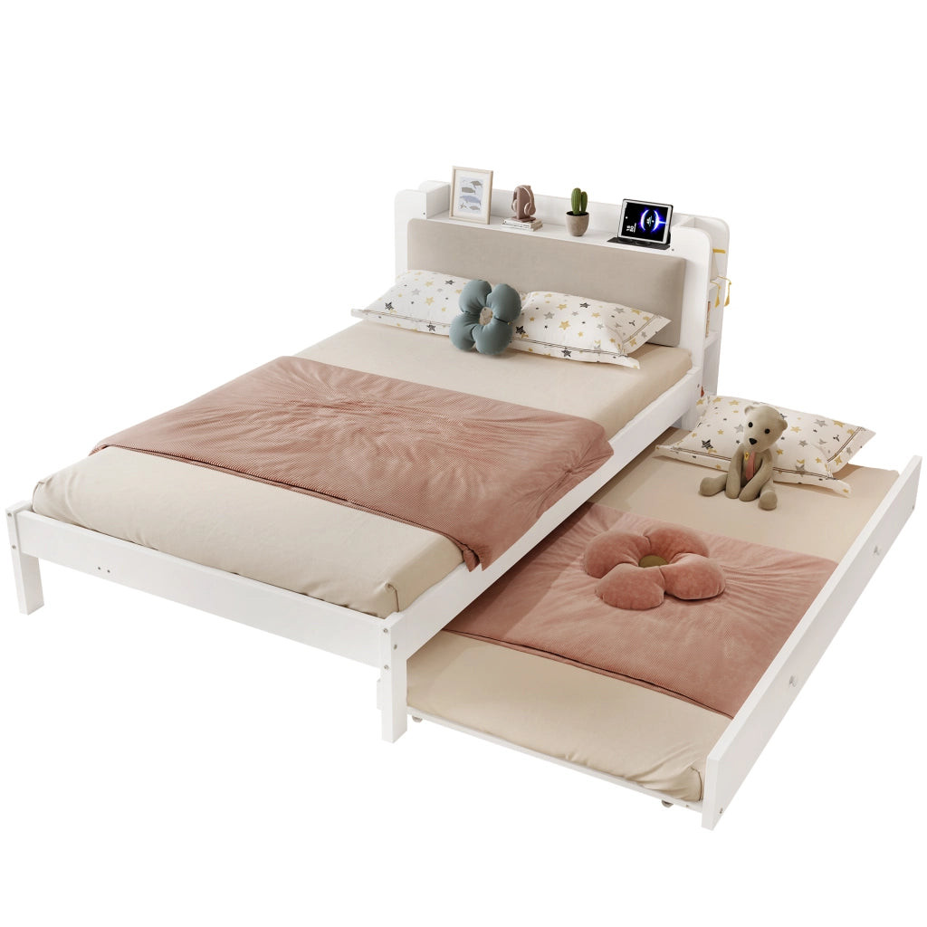 Divano letto 120 x 200 cm con LED e contenitori, letto estraibile in legno bianco con funzione estensibile, testiera e struttura salvaspazio