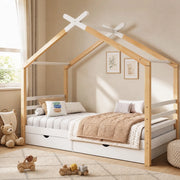 Letto a casetta 90x200 cm con cassetti e rete in pino massello e MDF bianco