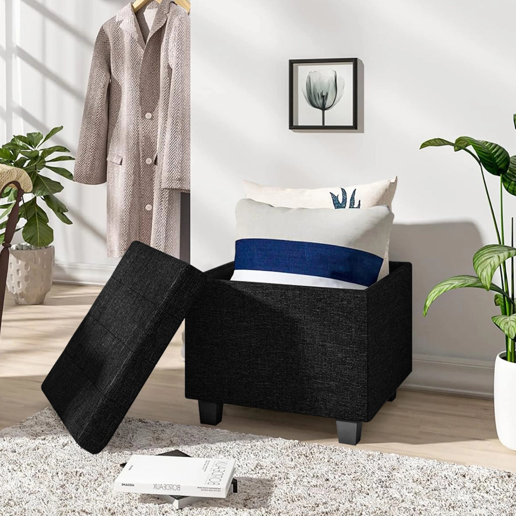 Pouf Poggiapiedi Cubico XXL Con Contenitore Integrato Cubo Imbottito Lino 45Cm Piedini legno Panca Moderna Cassapanca Soggiorno Panchina Ingresso Scarpiera Sgabello Grande - Nero6