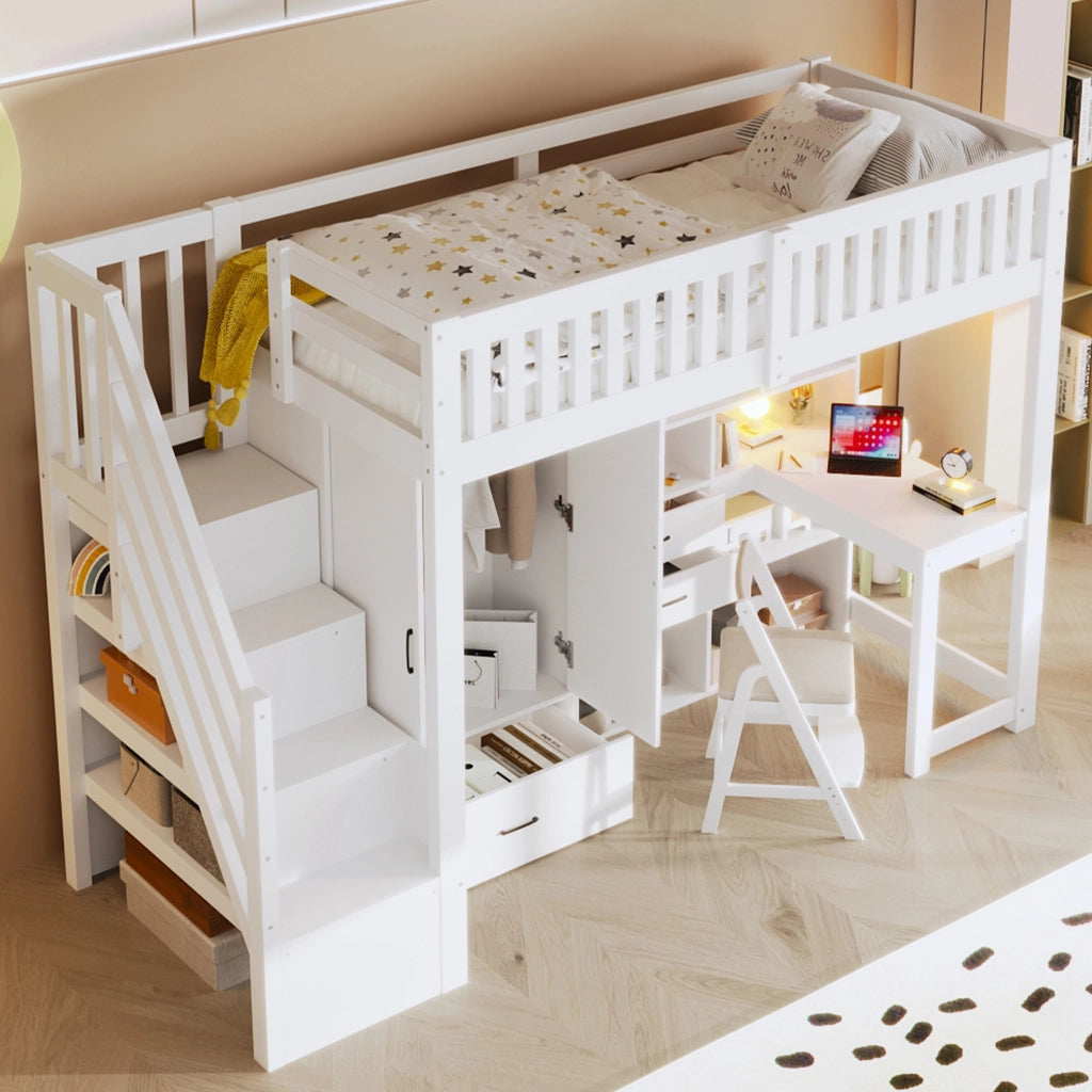 Letto a soppalco 90x200 cm con scrivania; armadio e cassetti bianco HOMVRA