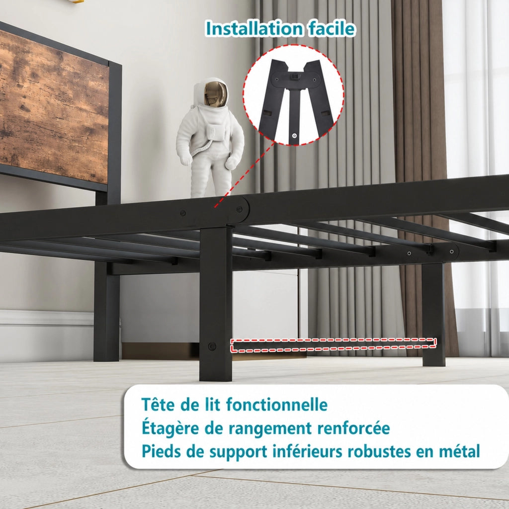 Letto singolo 90 × 200 cm con testiera e pediera in MDF e metallo marrone antico con spazio sottoletto 27 cm
