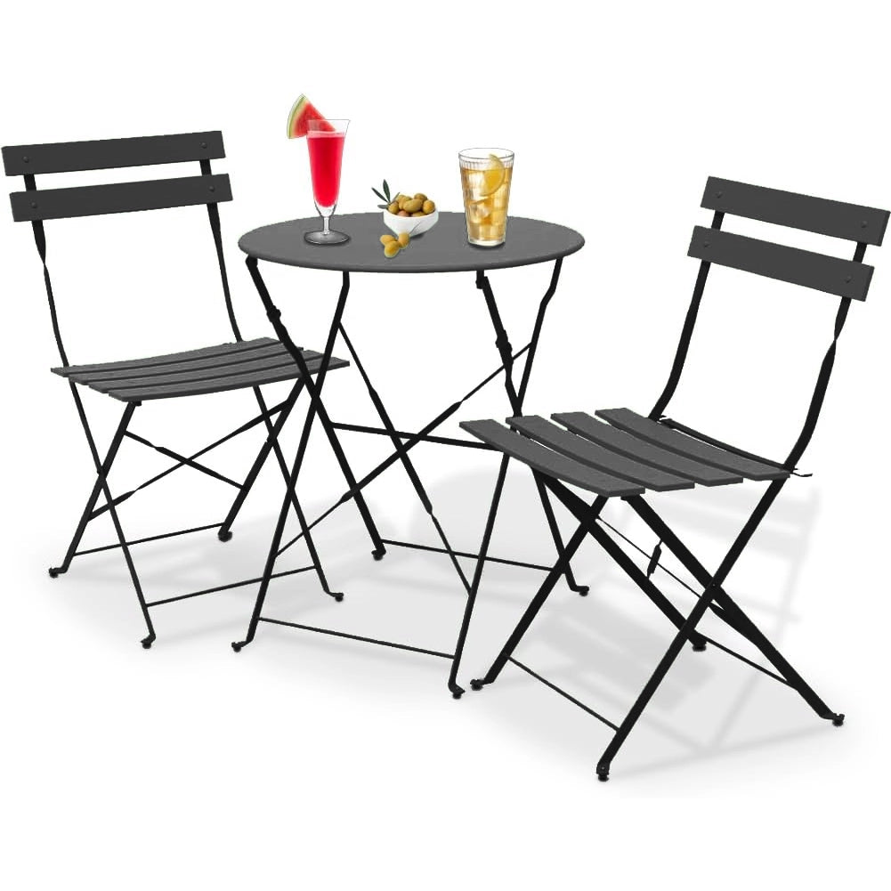 Set 3 Pezzi Giardino Tavolo con 2 Sedie Bistrot Grigio Pieghevole Modello Parigi
