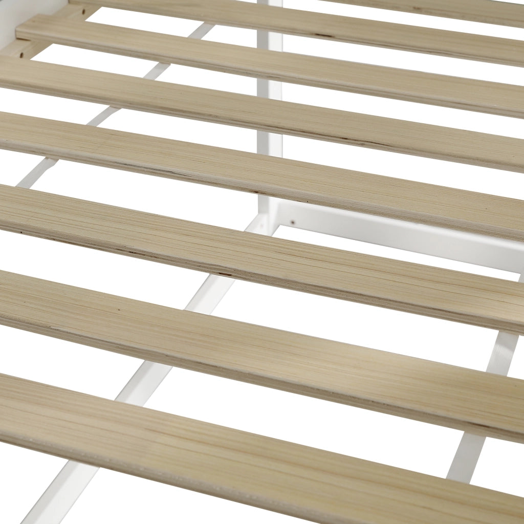 Letto a soppalco 90 × 200 cm con scala inclinata e finestre grigie in legno e MDF bianco e grigio