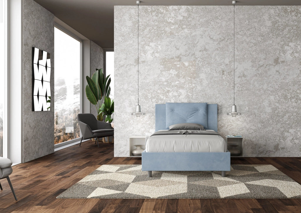 BS COM Letto una piazza e mezza con rete imbottito 110x190 microfibra azzurro
