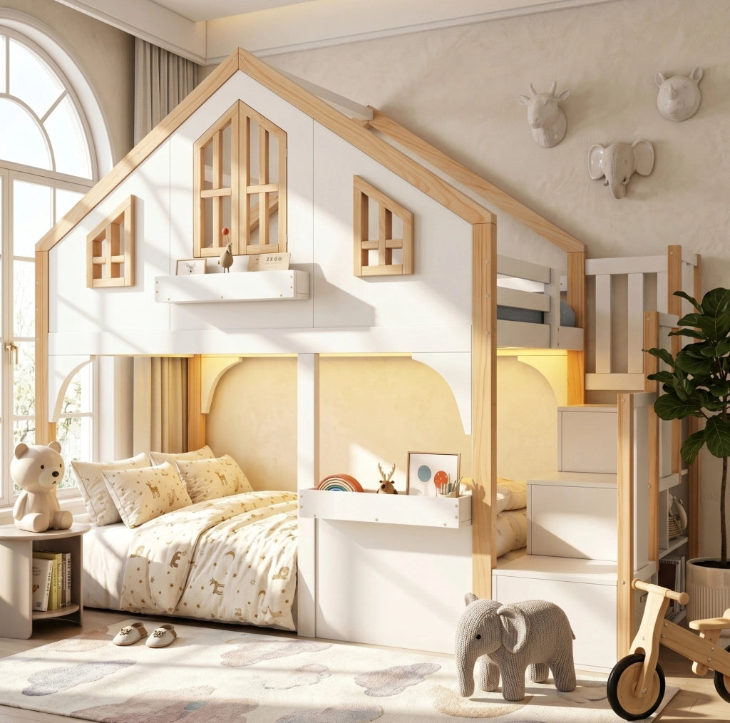 Letto soppalco bimbi 90x200 in legno bianco con LED e scala contenitore