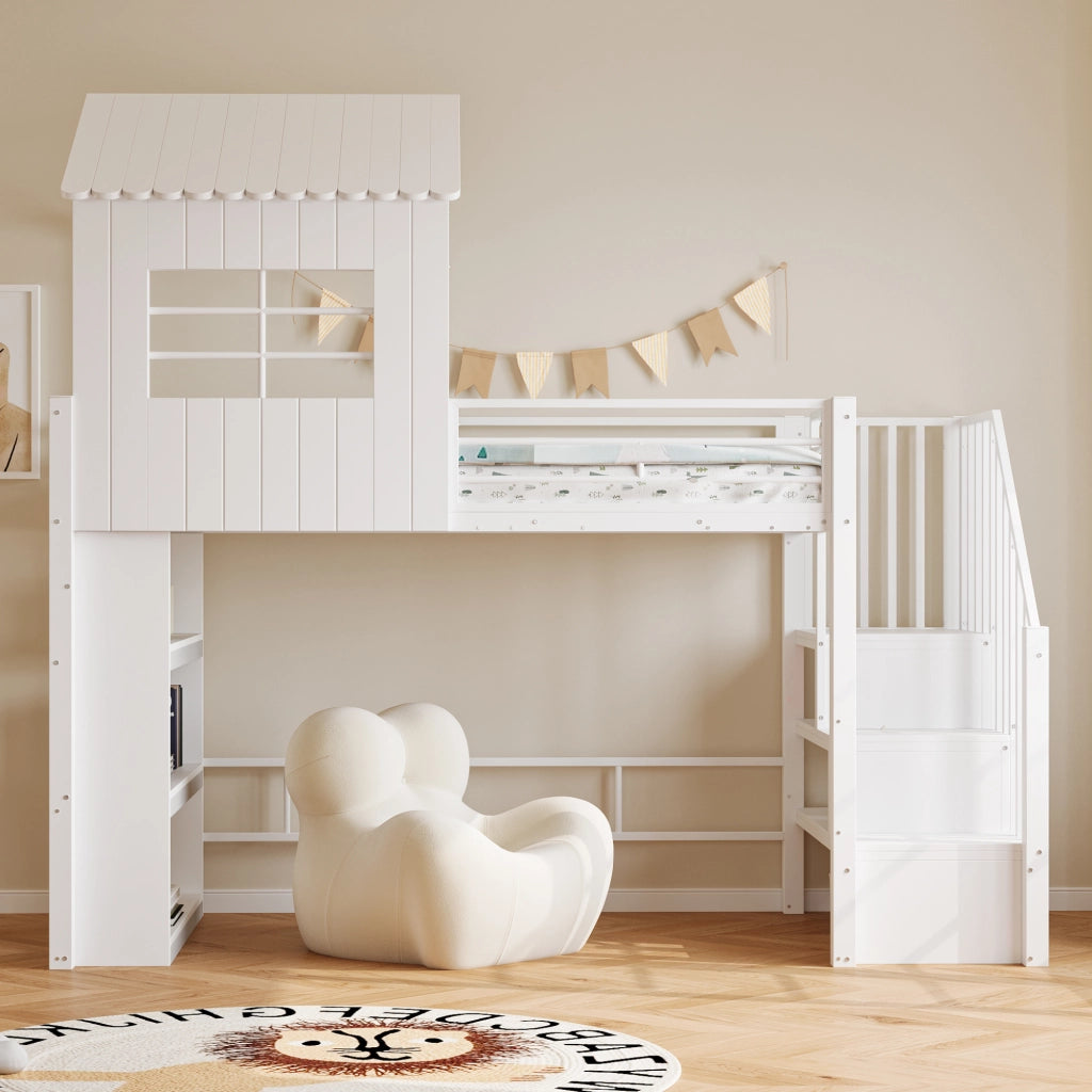 Letto a soppalco singolo 90×200 cm con scala contenitore e ripiani; senza materasso; MDF e metallo; bianco