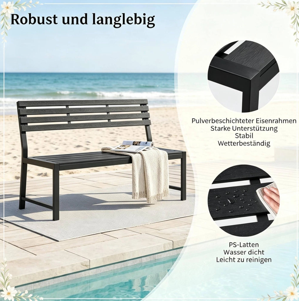 Panca da giardino con schienale in metallo e lamelle PS, 115x55x85 cm, colore nero