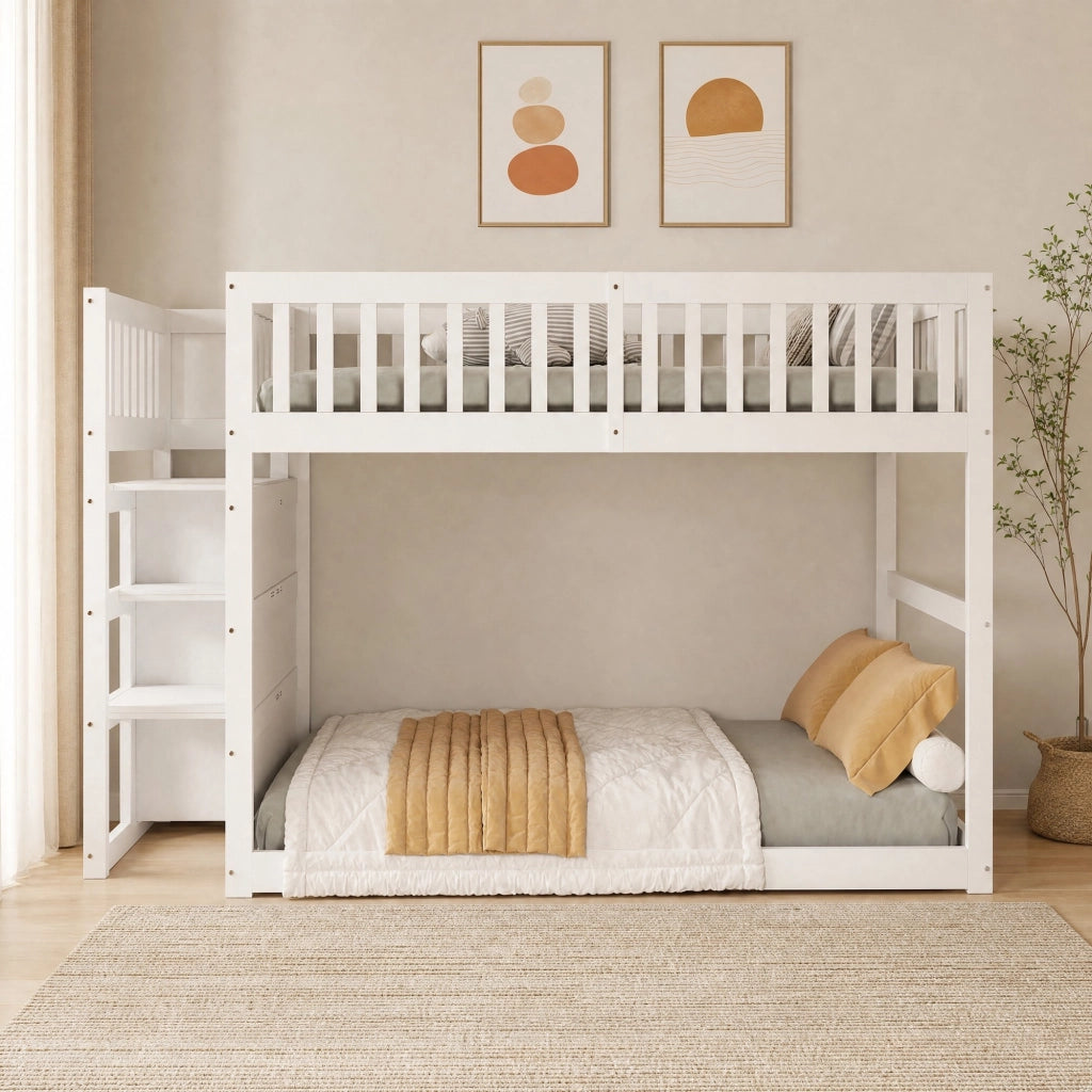 Letto a castello basso in pino; compensato e MDF; bianco; per materasso 140 x 200 cm