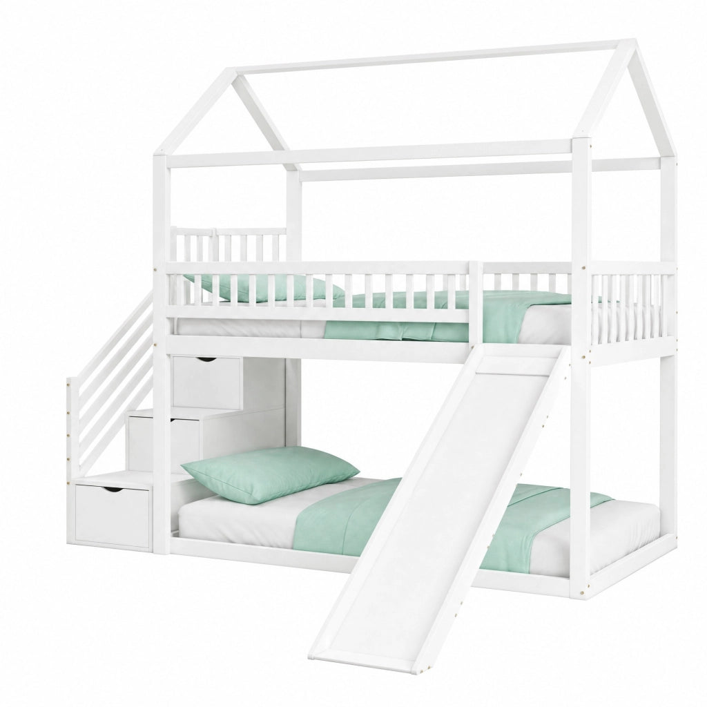 Letto a soppalco 90 × 200 cm con scivolo e scala contenitore in legno bianco; rete a doghe e sponde alte