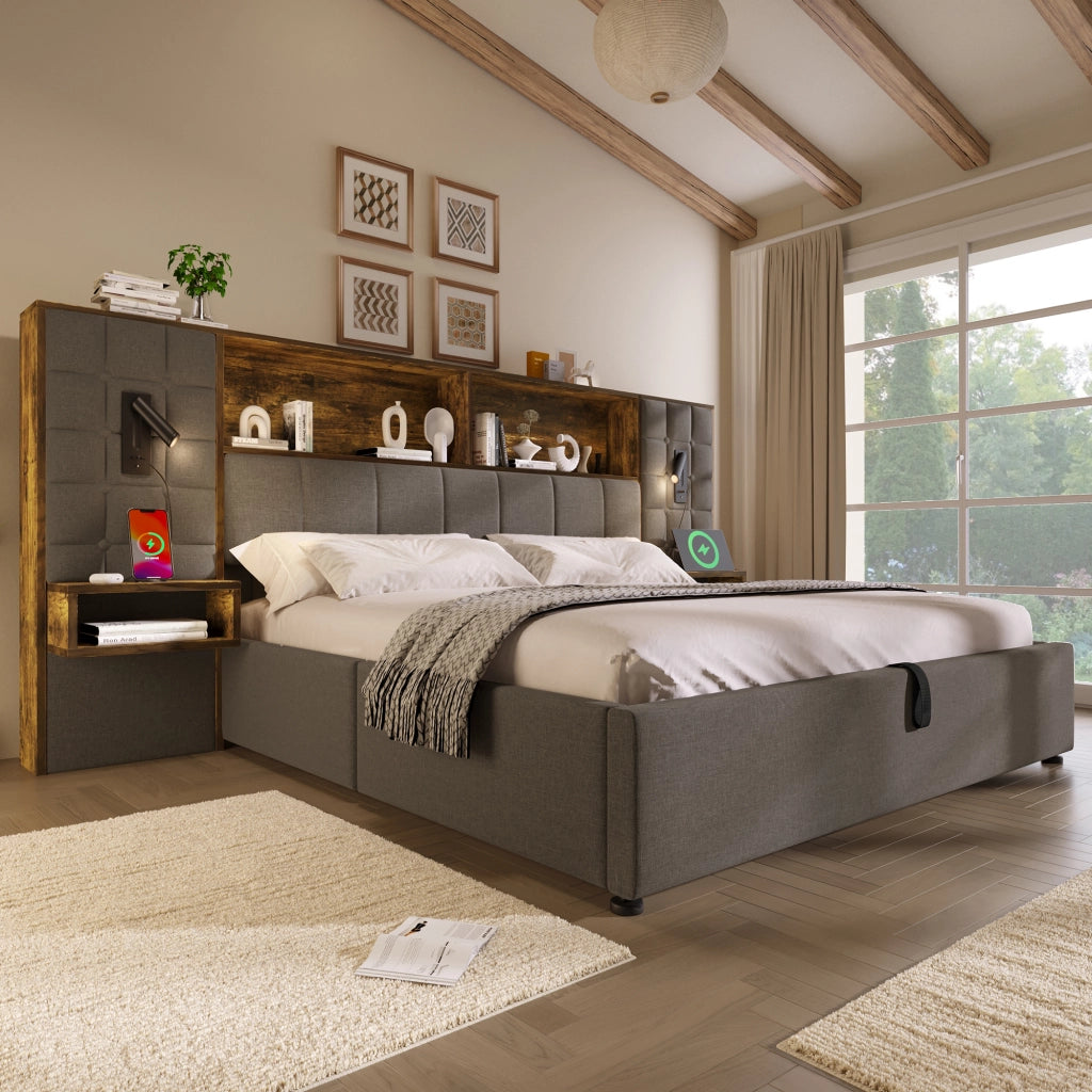 Letto matrimoniale 160x200 cm con contenitore, lampade da lettura, USB e Type-C, grigio