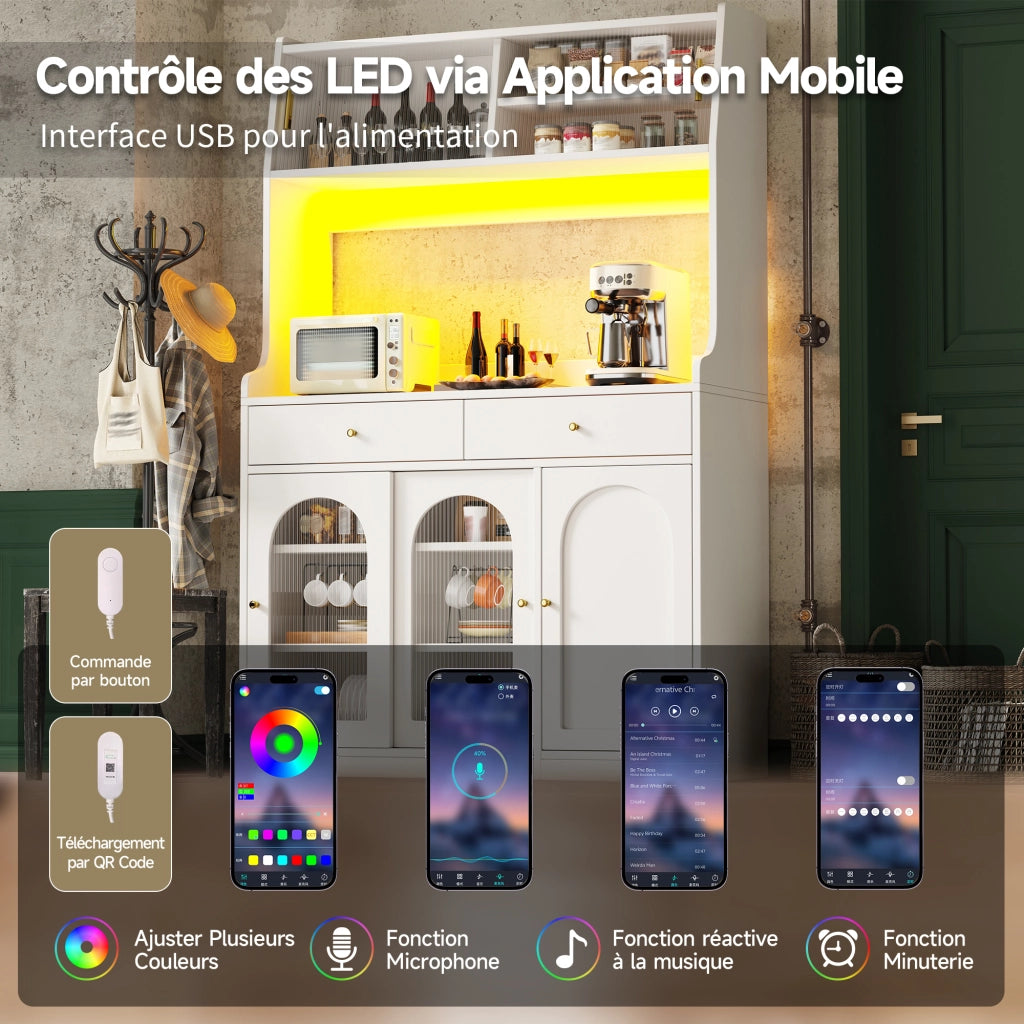Mobile colonna da cucina con ante scorrevoli in vetro LED regolabili e 2 cassetti bianco 120 × 40 × 180 cm