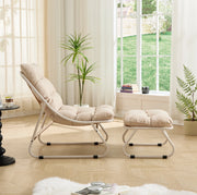 Sedia da Giardino con Poggiapiedi Beige, Poltrona Lounge con Cuscino Morbido e Struttura in Acciaio