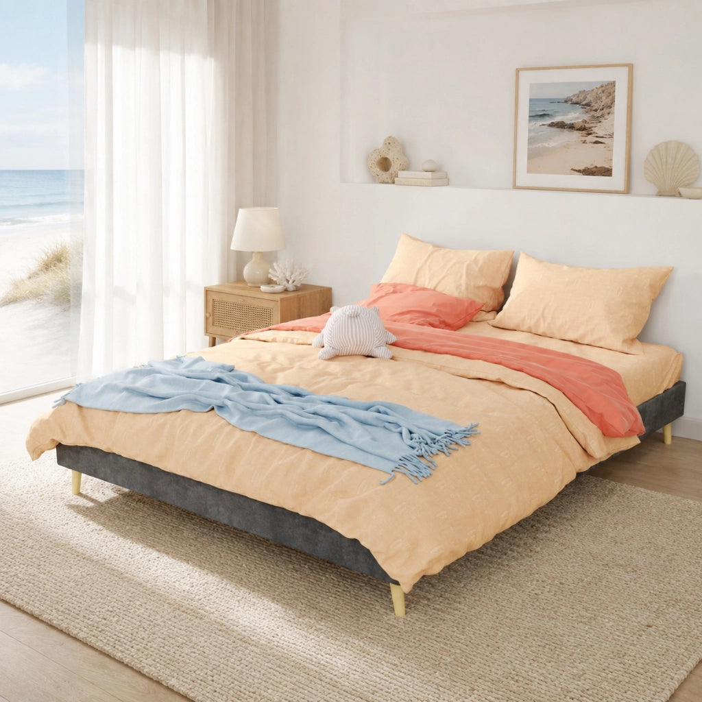 Letto matrimoniale 160x200 cm grigio in tessuto e metallo, struttura moderna