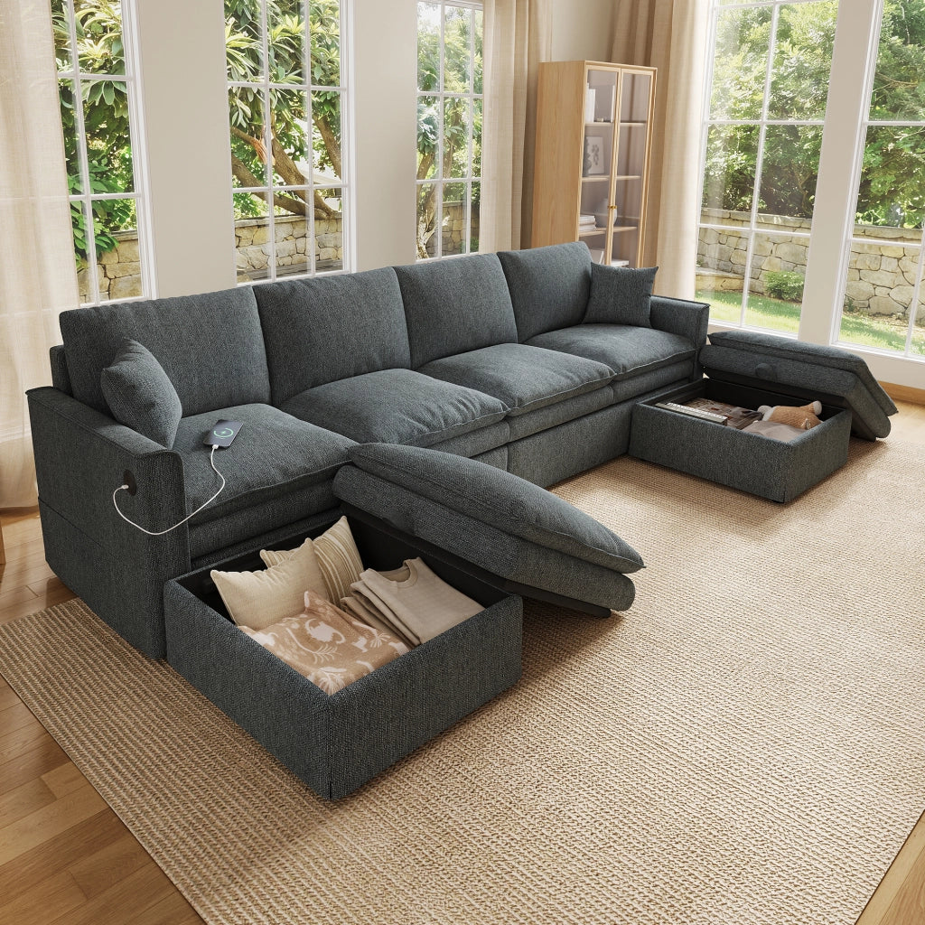 Divano modulare a U o L 6 posti con pouf contenitore, porte USB e Type-C, in cotone e lino grigio, 277×80×135 cm