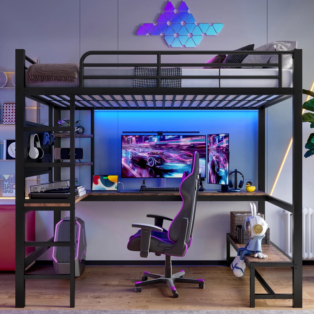 Letto a soppalco 90x200 cm nero con scrivania, LED, USB/Type-C e ripiani