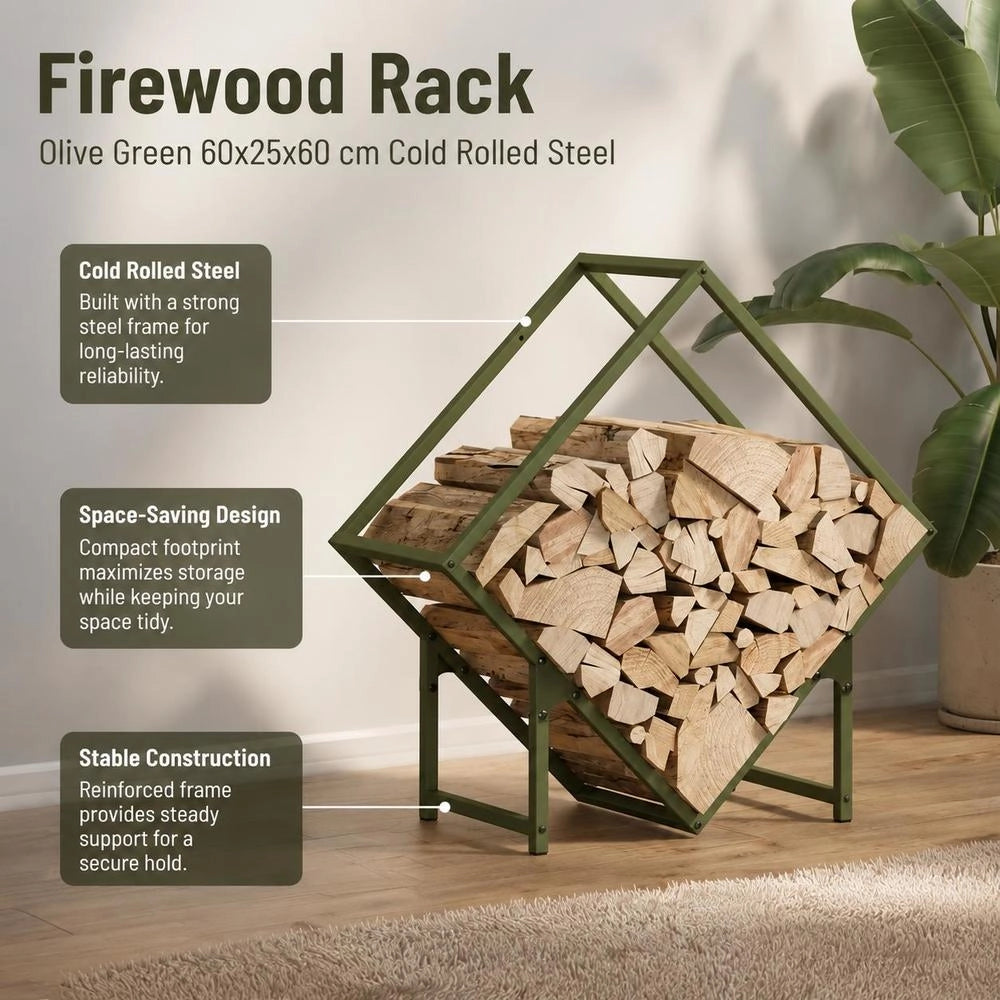 Porta legna verde oliva, 60x25x60 cm, in acciaio laminato a freddo – robusto e resistente, ideale per esterni, giardino e camino, pratico e durevole
