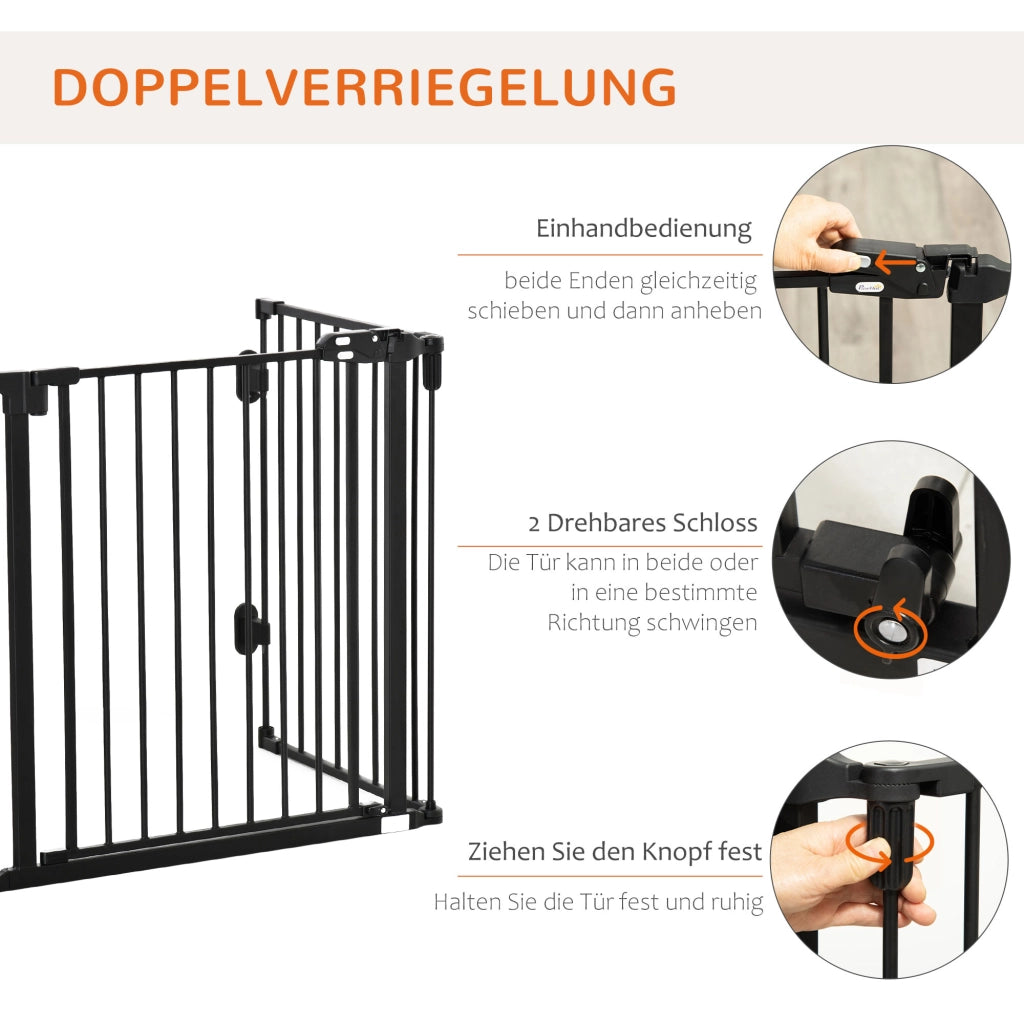 Cancelletto per cani a 3 pannelli con porta a chiusura automatica pieghevole in plastica nero 202.5 × 2 × 76 cm