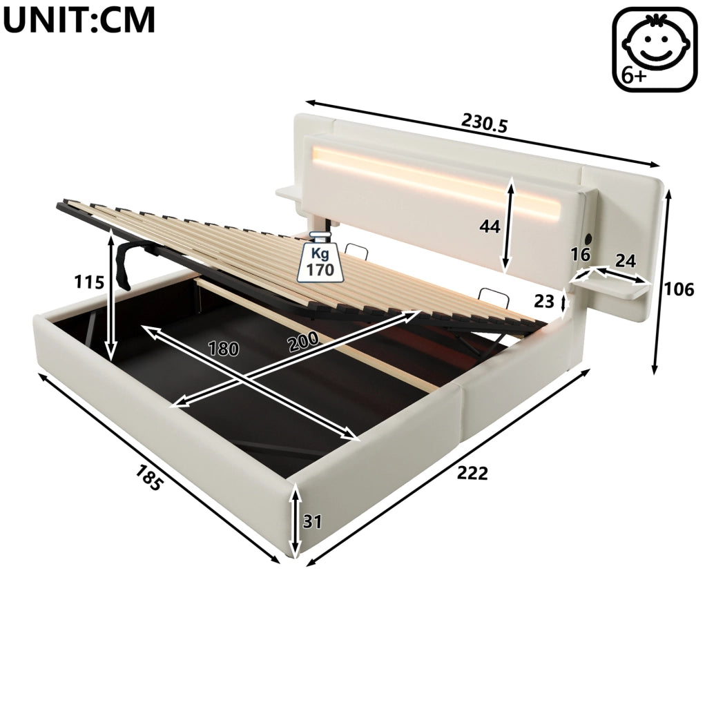 Letto Matrimoniale Imbottito con Contenitore Idraulico Comodino LED e USB 180 x 200 cm Beige - senza Materasso