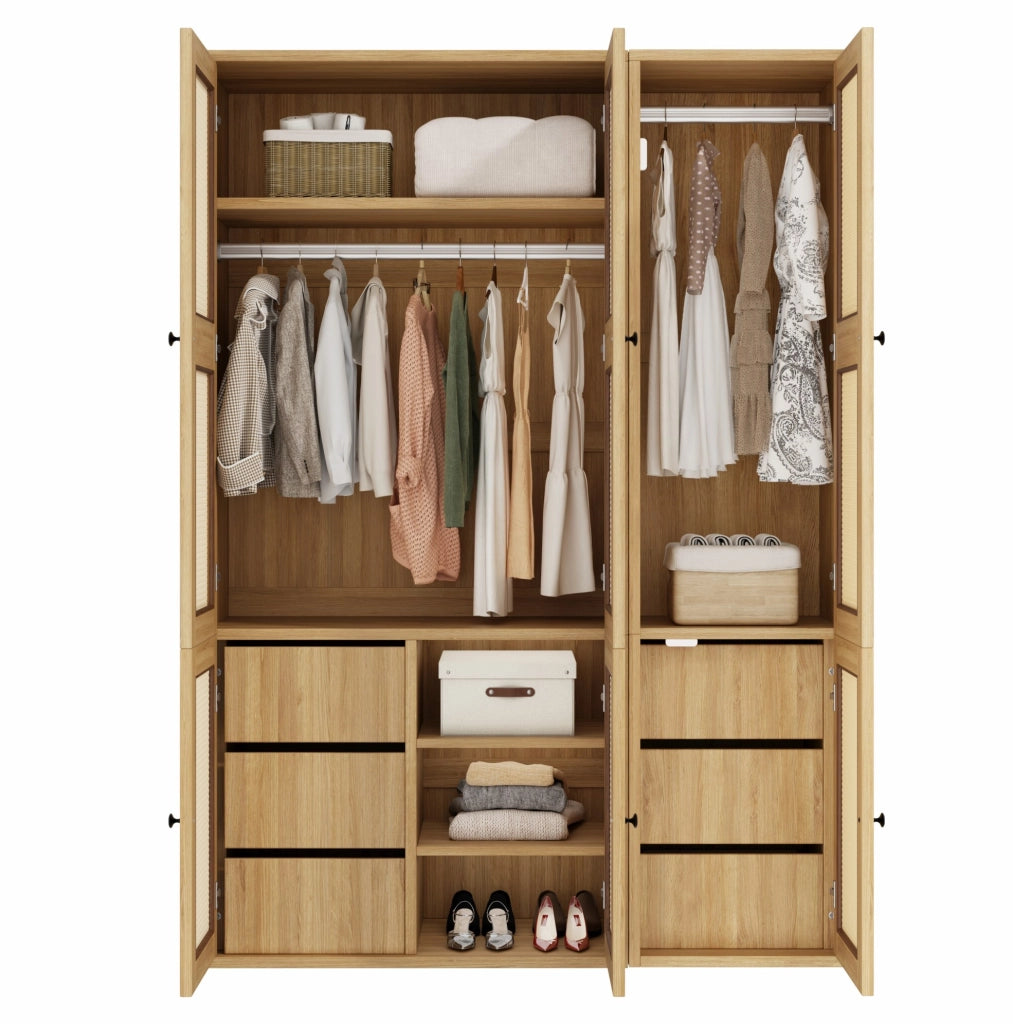 Armadio guardaroba 135x47x200 cm in MDF con 6 cassetti, 4 vani e 2 appendiabiti
