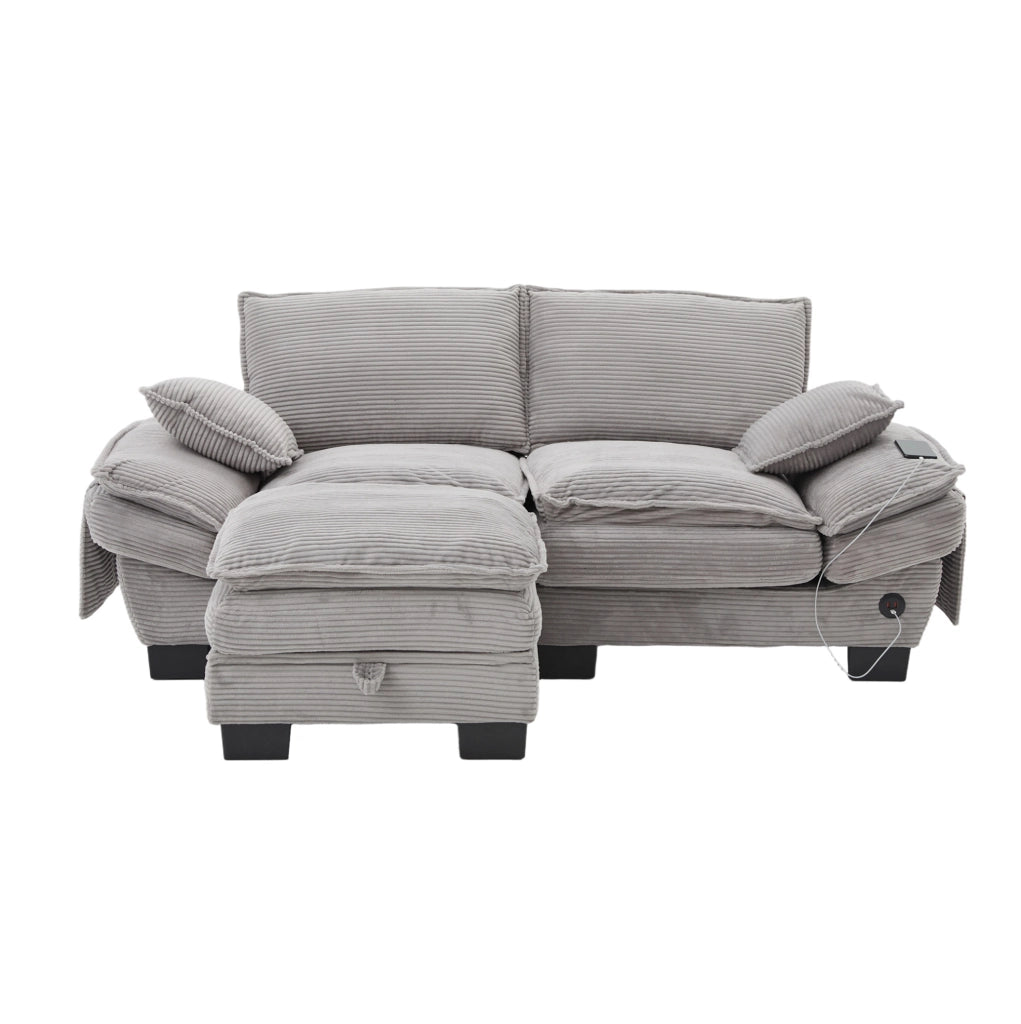 Divano 2 posti 190x132x84 cm in tessuto a coste grigio chiaro con pouf