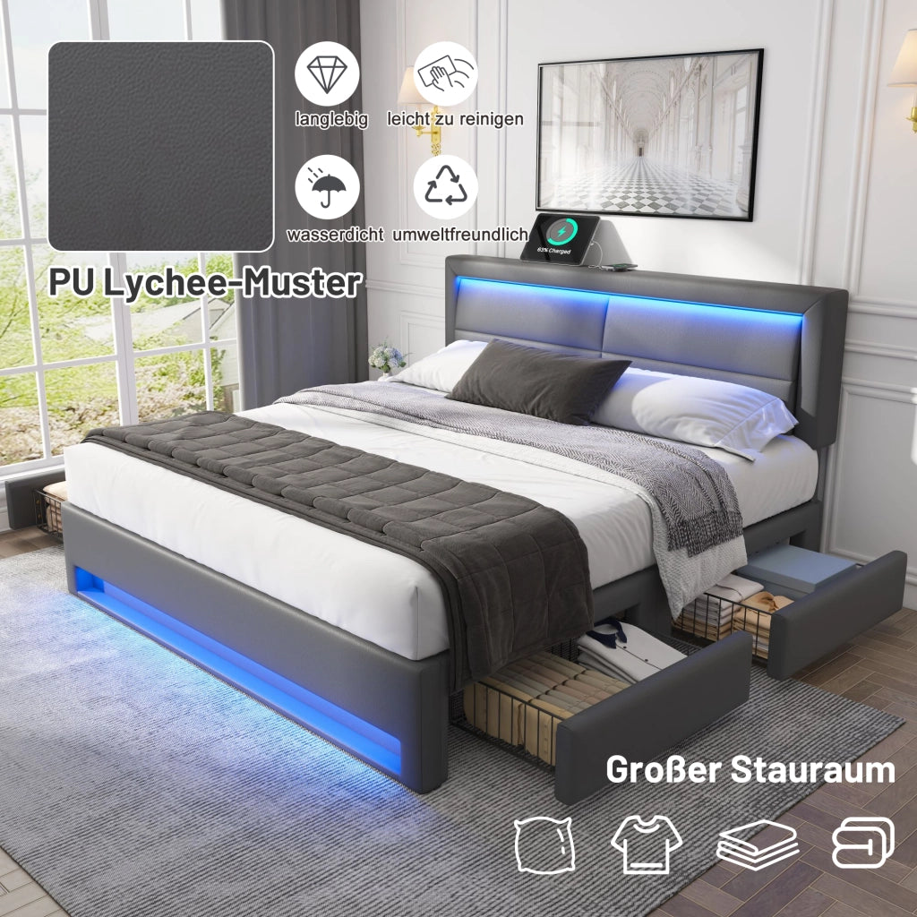 Letto con cassetti 140 × 200 cm imbottito in PU grigio con LED a 12 colori; USB; ricarica wireless e rete a doghe