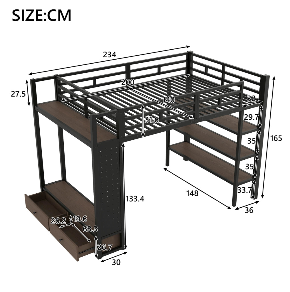 Letto a soppalco in metallo 140x200 nero con armadio aperto, ripiani, pannello forato e illuminazione LED