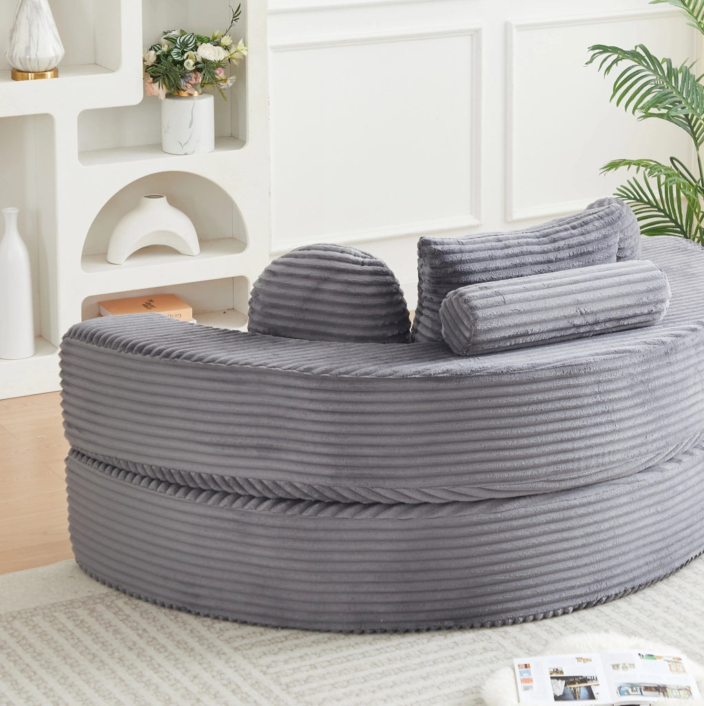 Divano letto 4-in-1 in tessuto a coste, convertibile in chaise longue rotonda, ideale per spazi compatti