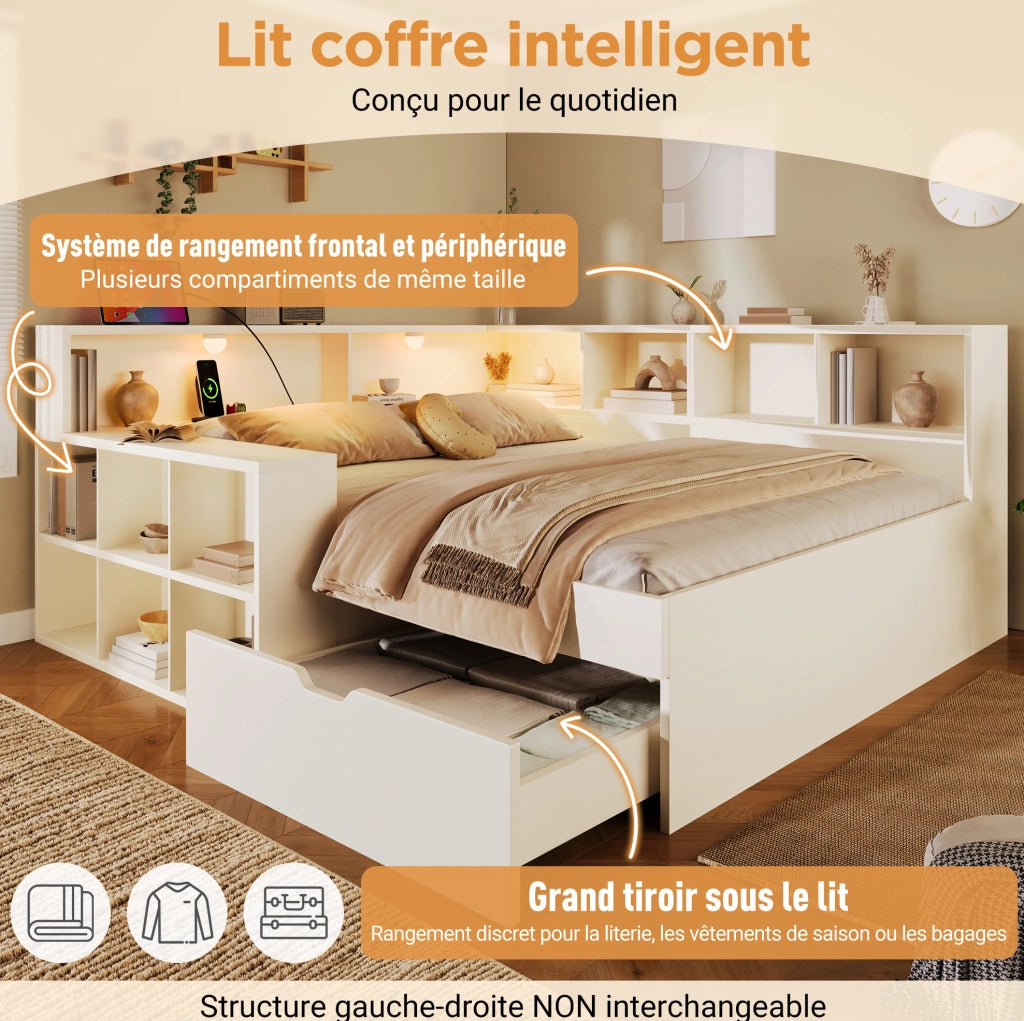 Letto singolo 90x200 cm in legno bianco con contenitore; prese USB e luci integrate