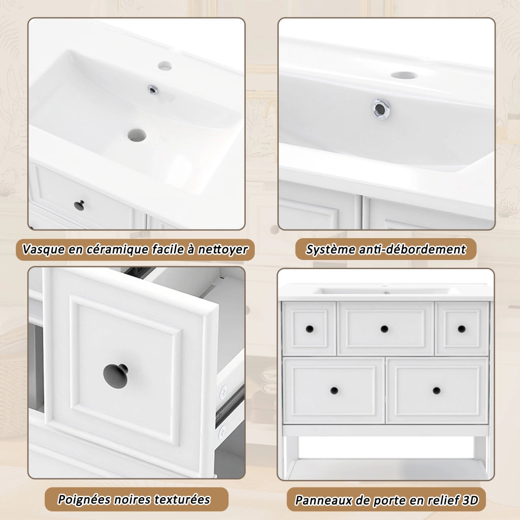 Mobiletto con lavabo a terra in ceramica e MDF con 5 cassetti vani aperti e troppo pieno bianco 76 × 46.5 × 82 cm