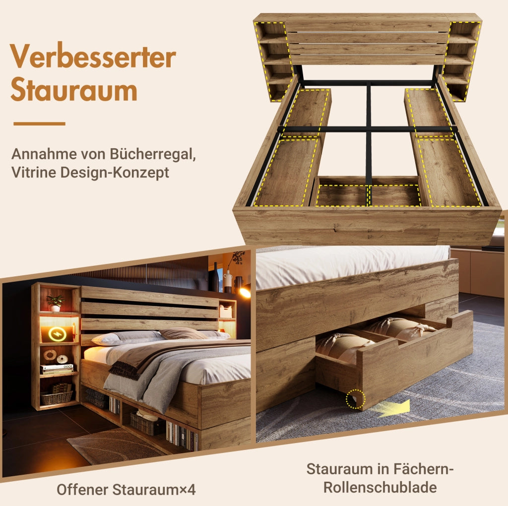 Letto matrimoniale 160x200 cm con LED; USB e Type-C; ripiani e 2 cassetti; rovere