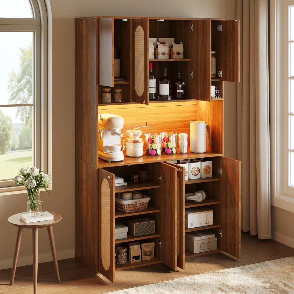 Credenza alta con 8 ante e vano bar aperto con LED regolabile in MDF naturale per sala da pranzo e soggiorno 106 × 40 × 178 cm
