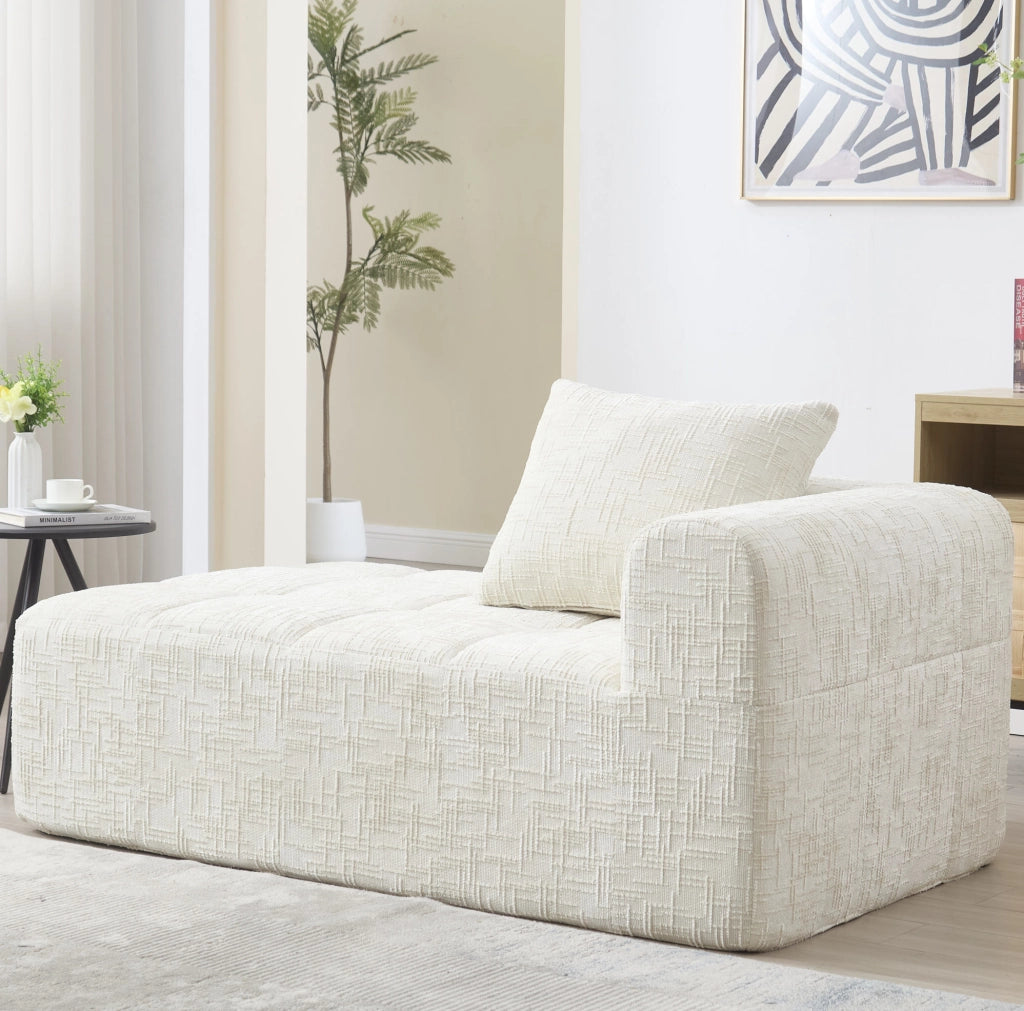 Divano Chaise Longue Beige con Tessuto Morbido, Cuscino Incluso e Tasche Laterali per Telecomando e Smartphone