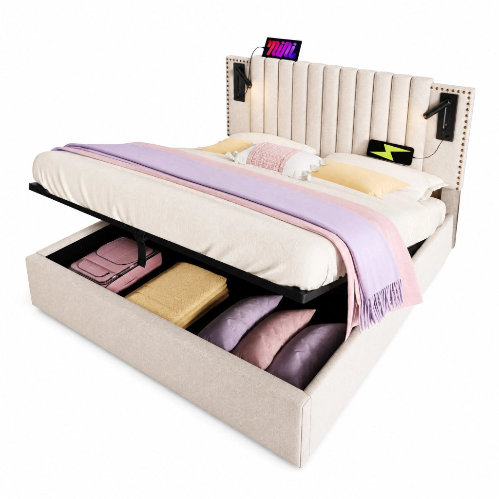 Letto matrimoniale 160 ¡Á 200 cm con contenitore testiera regolabile luce da lettura USB Type C cotone beige