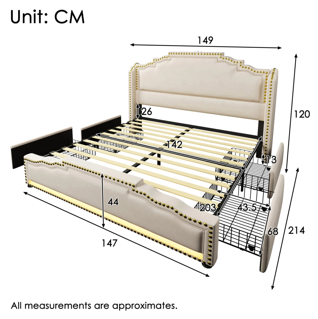 Letto imbottito beige 140 x 200 cm con LED, USB e 4 cassetti