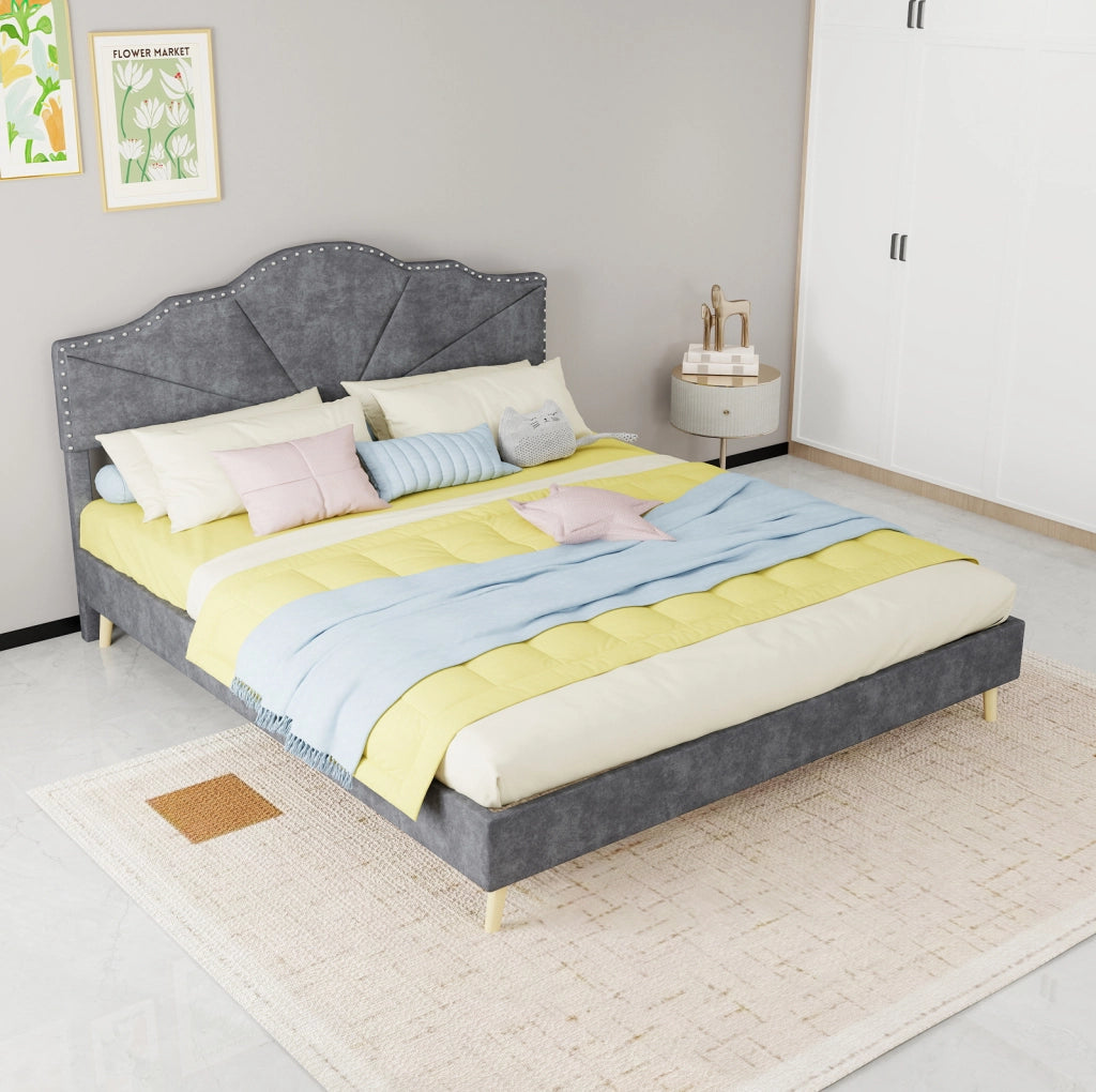 Letto moderno minimalista grigio 160x200 cm con testiera morbida e materasso incluso