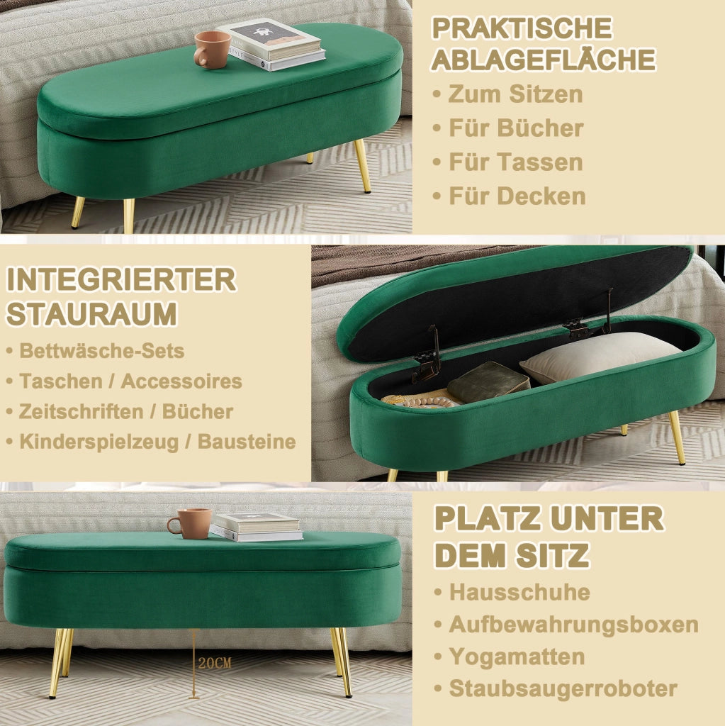 Panca contenitore multifunzione in velluto verde con telaio in legno massello e gambe in metallo, 110x40x42 cm, 20L di spazio