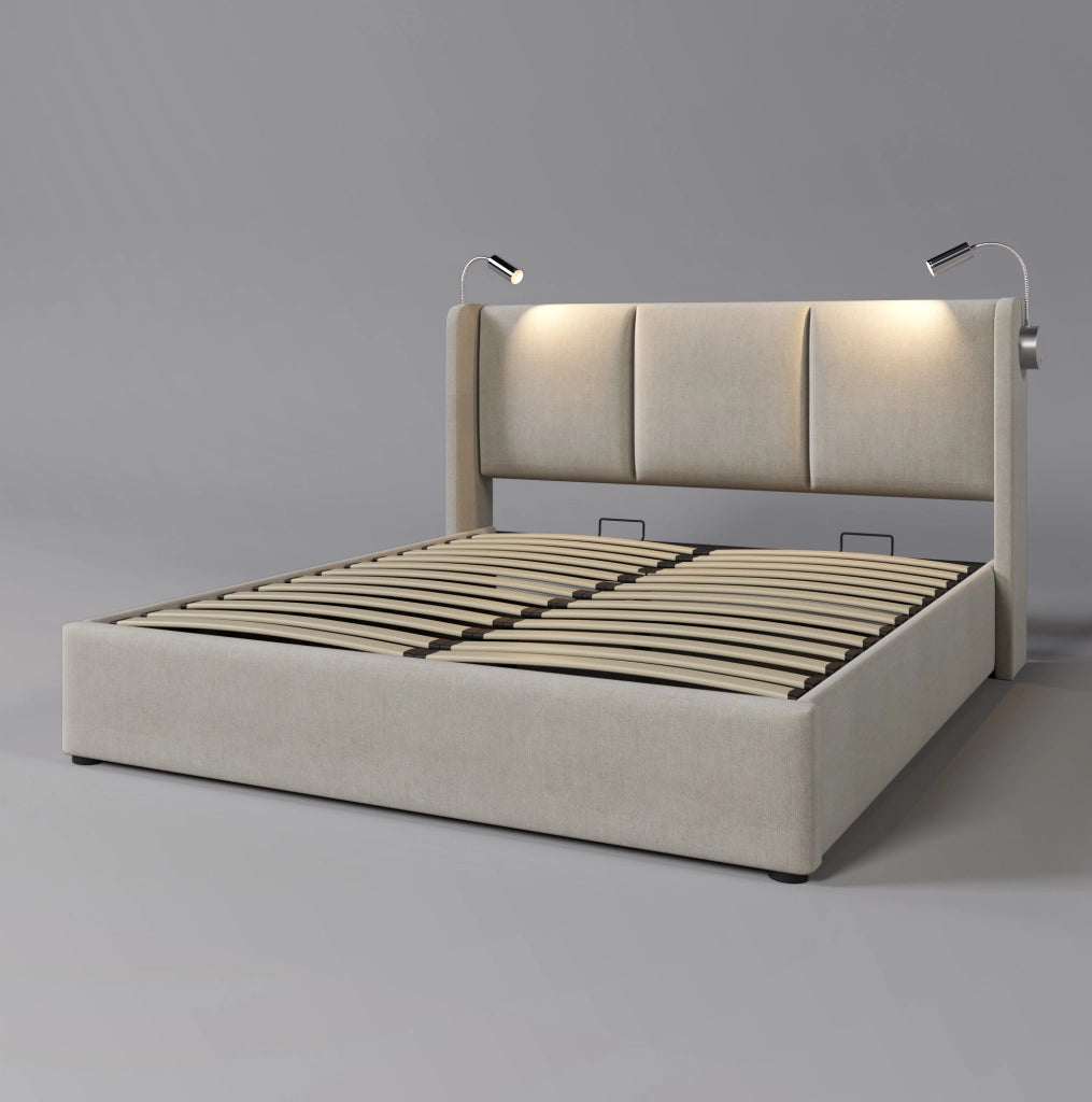 Letto matrimoniale imbottito contenitore 140 × 200 cm con luce USB; lino beige