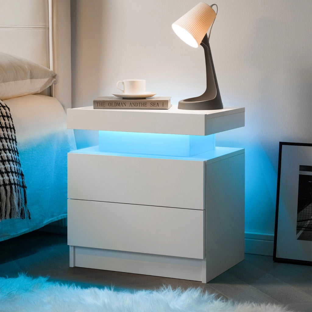 Comodino Moderno Bianco con Luci LED Regolabili e 2 Cassetti per Camera da Letto