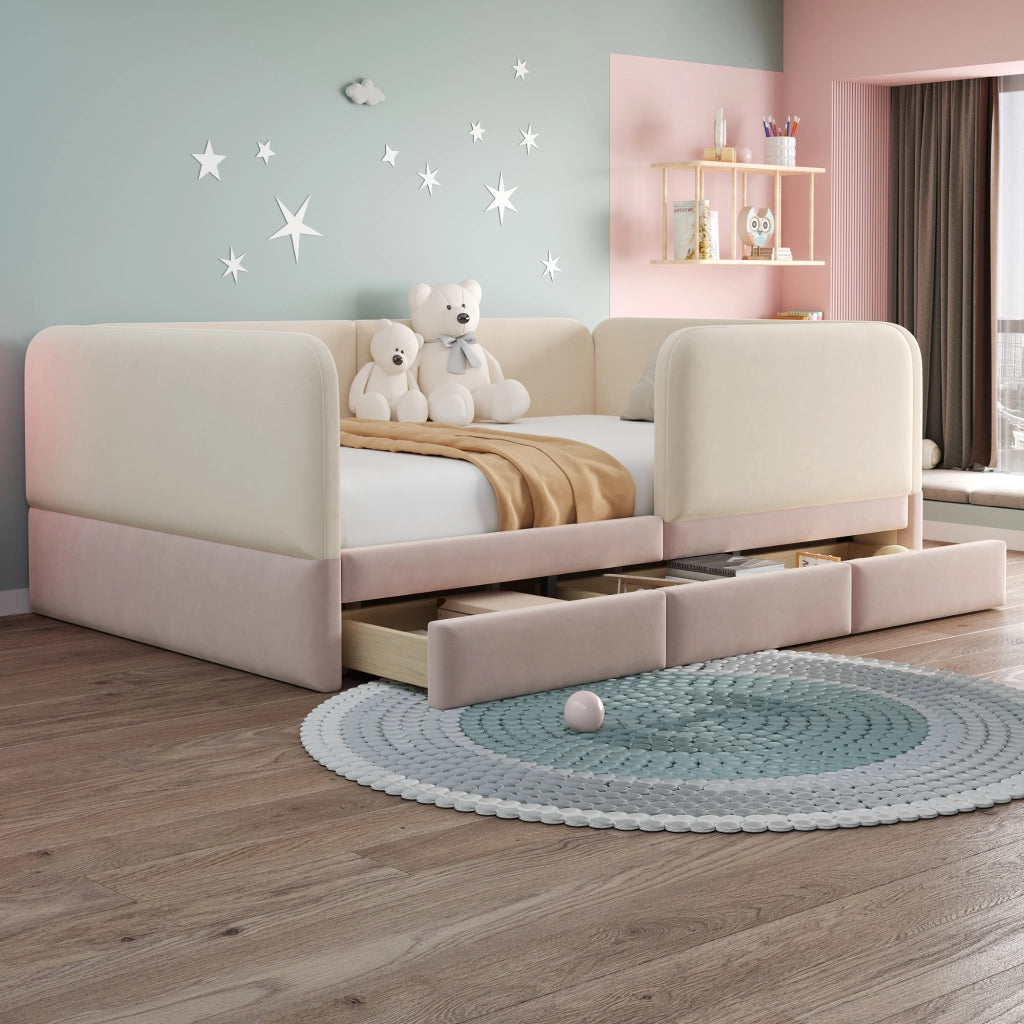 Letto con cassetti 140 × 200 cm imbottito in velluto beige e rosa con bordi arrotondati e 12 doghe