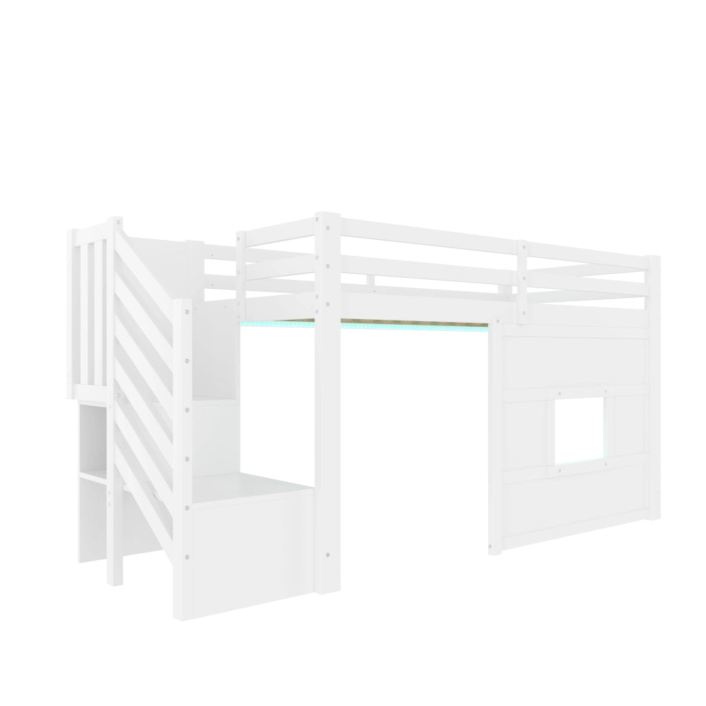 Letto a soppalco 90 x 200 cm con scala contenitore e finestra - Bianco