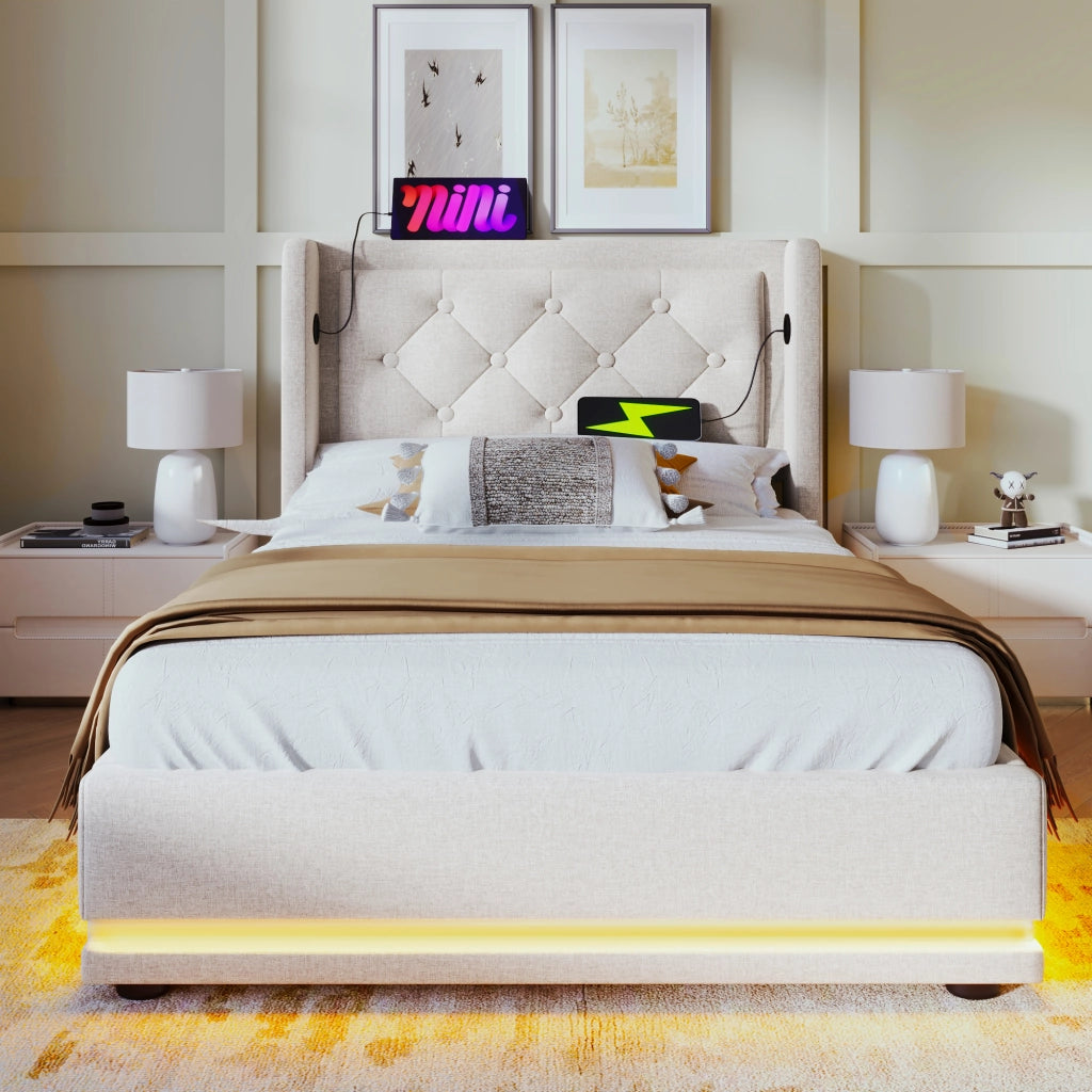 Letto contenitore 90 × 200 cm imbottito in cotone beige con testiera USB Type-C e LED su tre lati