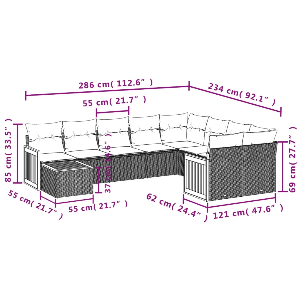 Set Divano da Giardino 10 pz con Cuscini Grigio in Polyrattan
