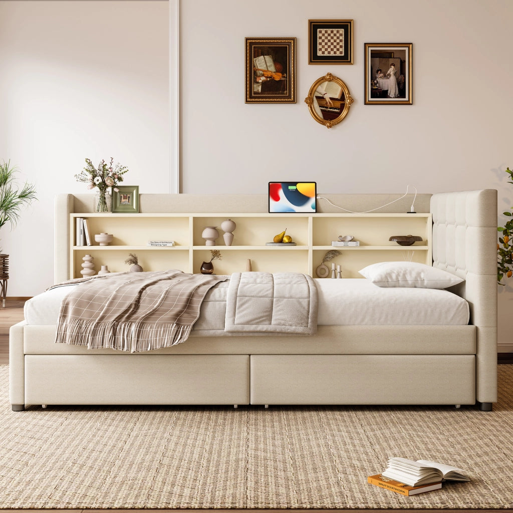 Letto da giorno 90x200 cm con 2 cassetti, USB e USB-C in lino e MDF beige