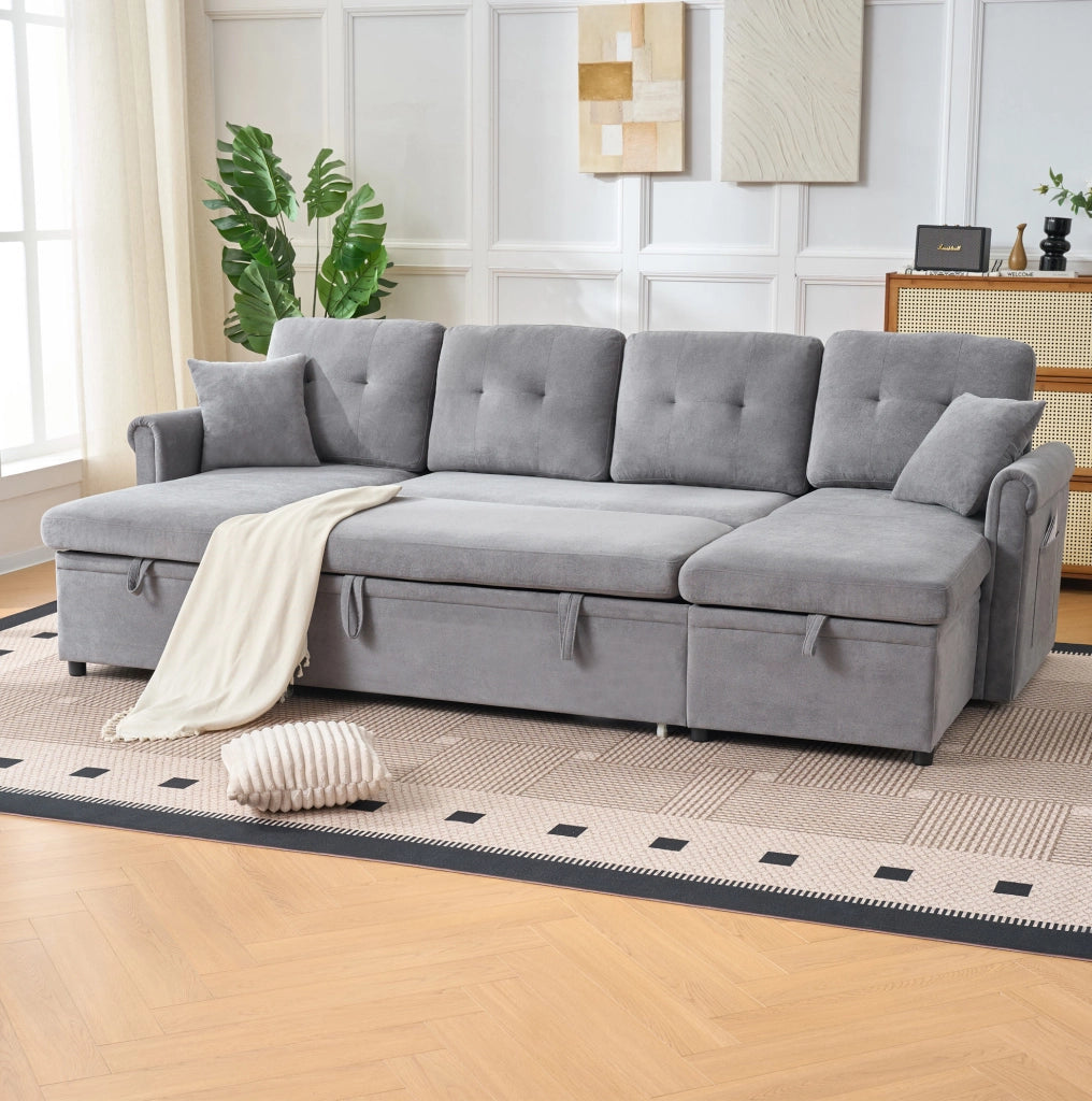 Divano angolare a U con funzione letto e contenitore, grande divano in ciniglia grigio per soggiorno o camera ospiti